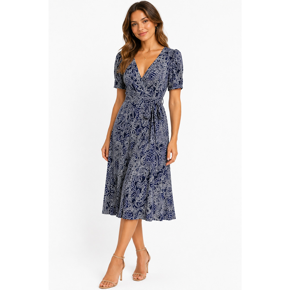 Harper Rose Womens Blue Jersey Knit Floral Wrap Look Puff Sleeve Midi Dress sz 4